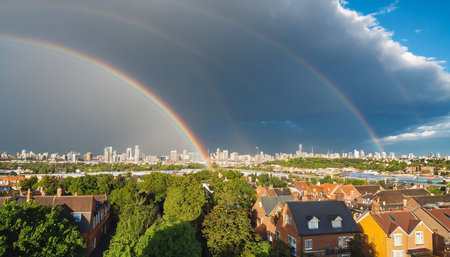 Aerial view of a rainbow over the city of Melbourne, Australiaの素材