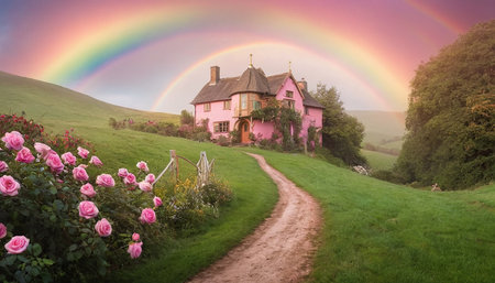 Rainbow over a house in the countryside with pink roses and a pathの素材