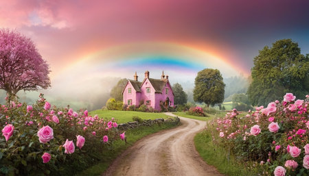 Rainbow over a pink house in a meadow with pink rosesの素材