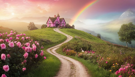Panoramic view of the pink rose garden in front of the church on the hill with rainbow in the skyの素材