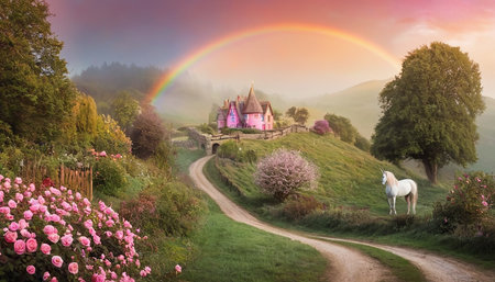 Horse in front of a house on a hillside with a rainbowの素材