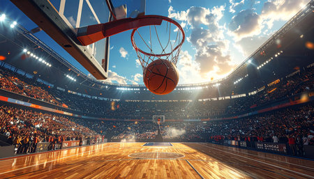 Basketball game on the sport arena. 3d rendering. double exposureの素材