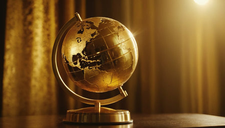 Globe on the table in front of a curtain. 3d illustrationの素材