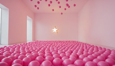 Interior of a pink room with pink balls and a white starの素材