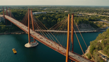 Aerial view of the suspension bridge over the Danube river in Budapest, Hungaryの素材