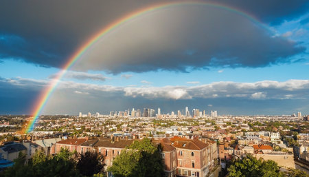 Panoramic view of the city of Barcelona, Spain with a rainbowの素材