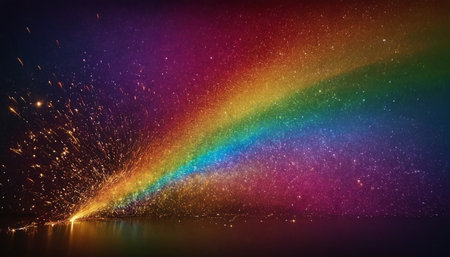 rainbow and glittering particles on a dark background with space for textの素材