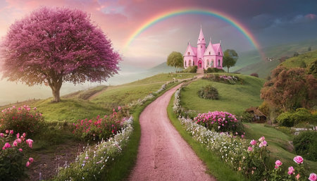 Church and rainbow in the English countryside with pink flowers in the foregroundの素材