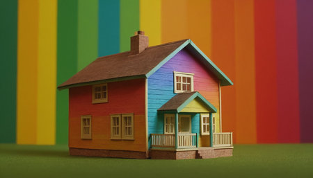 House model on a rainbow background with copy space for your text.の素材