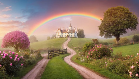 Panoramic image of medieval castle in the meadow with rainbowの素材