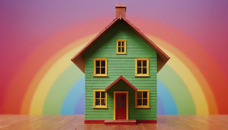House model on a rainbow background. 3d rendering and illustration.の素材