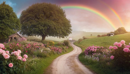 Rural road in the meadow with pink roses and a rainbowの素材