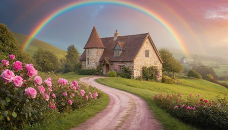 Rainbow over an old house in the countryside with pink roses.の素材