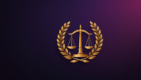 Law and order icon in gold laurel wreath on purple backgroundの素材