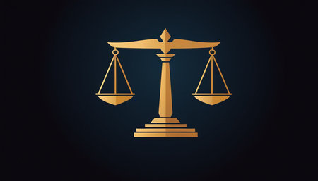 Law scale golden 3d icon on dark blue background. Law and justice conceptの素材