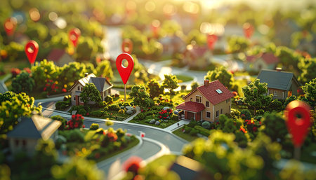 Miniature city with houses, roads and trees. 3d renderの素材