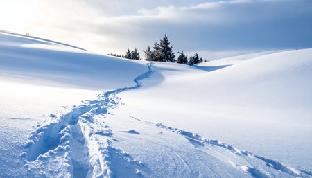 Winter landscape with footprints in the snow in the mountains. Carpathians, Ukraineの素材