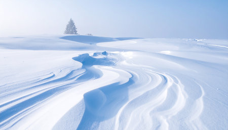 Winter landscape with snowdrifts and coniferous forest in the backgroundの素材