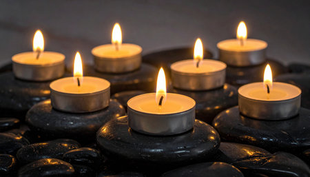 Burning candles on zen basalt stones with shallow depth of fieldの素材