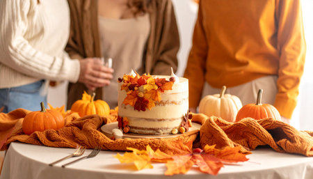 cropped shot of couple sitting at table with pumpkin pie and autumn leavesの素材