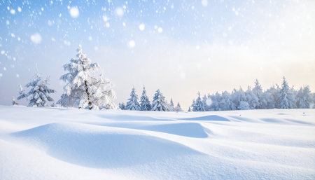 Beautiful winter landscape with snow covered trees and blue sky with cloudsの素材