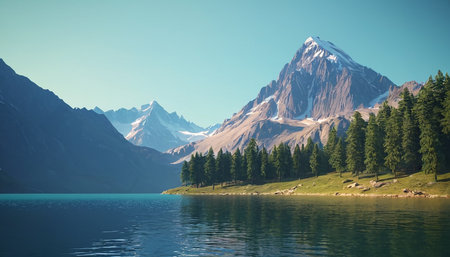 Mountain landscape with lake and forest. Lake in the mountains.の素材