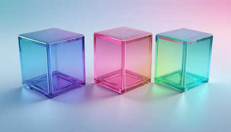 3d render of colorful glass cube in blue and pink background.の素材