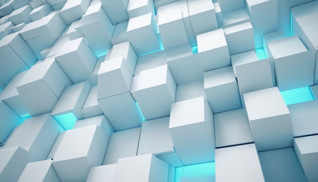 Abstract 3d rendering of chaotic white cubes with blue light. Futuristic background design.の素材