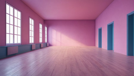 Empty room with pink walls and wooden floor. 3d rendering.の素材
