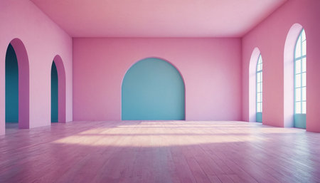 Interior of empty room with arches, 3d render illustrationの素材