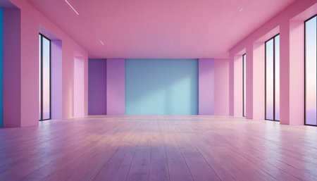 Empty room with pink and blue walls and wooden floor. 3d renderingの素材