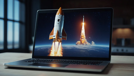 Startup concept with rocket on laptop screen. 3d rendering.の素材
