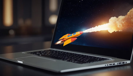 Rocket launch out of laptop screen. Mixed media. 3D renderingの素材