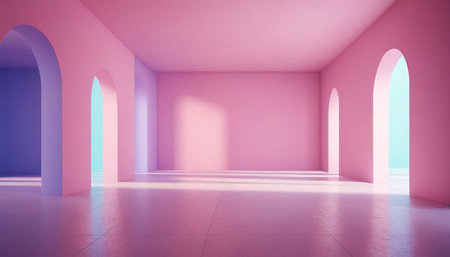 3d render of empty room with arches and blue sky.の素材