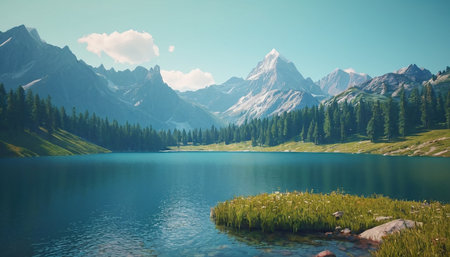 Beautiful mountain lake in the mountains. Panoramic view.の素材