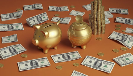 Piggy bank with gold coins and dollar bills on orange backgroundの素材