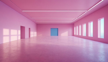 Interior of modern empty room with pink walls and blue door 3D renderingの素材