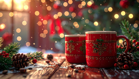 Two red cups with hot drink on wooden table. Christmas background.の素材