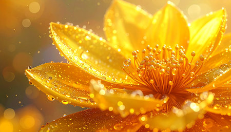 Close up of yellow lotus flower with dew drops on itの素材