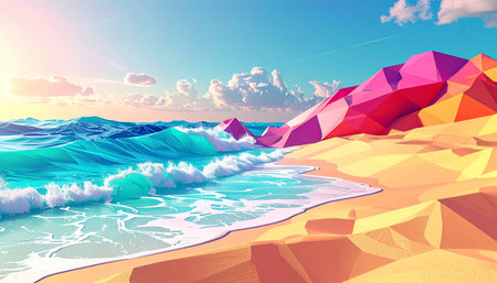 Colorful 3D illustration of the sea with waves and sand dunesの素材