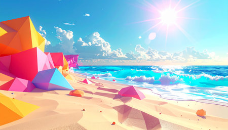 3d render of abstract background with polygonal beach and seaの素材