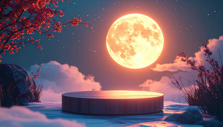 Wooden podium on the background of the moon. 3D renderingの素材
