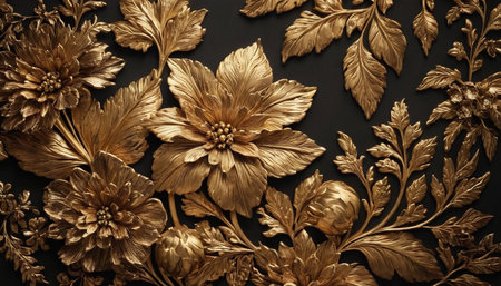 Vintage gold floral ornament on black background. Close-up.の素材