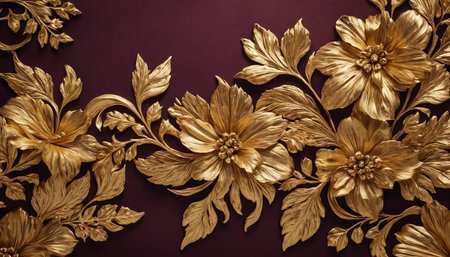 Decorative gold flowers on a burgundy background. Top view.の素材