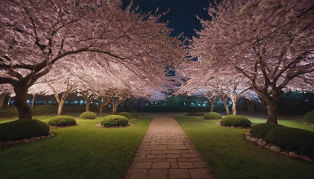 Cherry blossoms in full bloom at night in the park.の素材