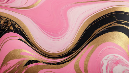 Pink and gold marbling pattern. Golden and black marble liquid texture.の素材