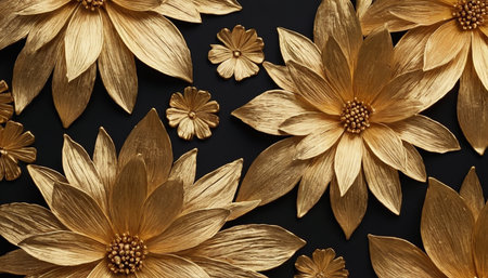 Golden dahlia flowers on black background. Flat lay, top viewの素材