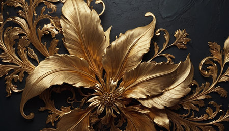 Luxury golden floral ornament on black background. 3d renderの素材
