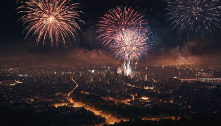 Fireworks over the city at night in Seoul, South Korea.の素材