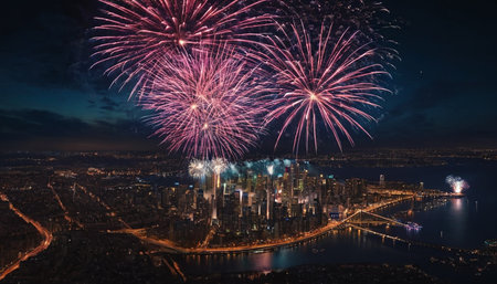 Fireworks over Hong Kong in Hong Kong. Hong Kong is an autonomous territory on the southern coast of China at the Pearl River Estuary.の素材